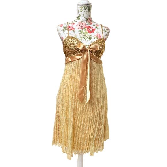 Y2K True VTG Golden goddess Glam Sequin Babydoll Mini Dress Party Cocktail Boho - Picture 1 of 11